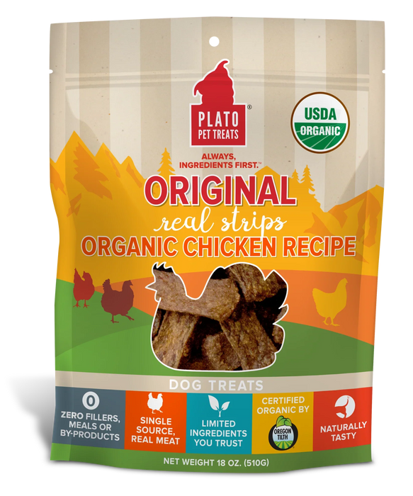 Plato Pet Treats Real Strips Organic Chicken Meat Bar Dog Treats