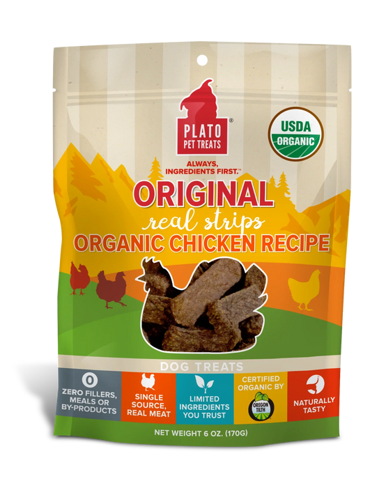 Plato Pet Treats Real Strips Organic Chicken Meat Bar Dog Treats