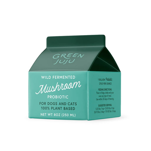 Green Juju Wild Fermented Mushroom Probiotic 8 oz teal carton, labeled 100% plant-based for dogs and cats.