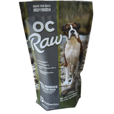 OC Raw frozen duck dog food bag with a Boxer pictured on the front.