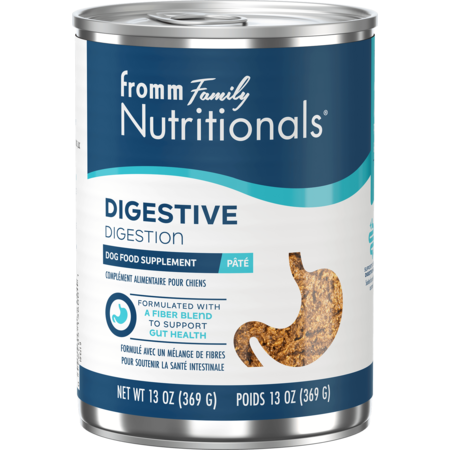 Can of Fromm Family Nutritionals digestive support dog food on a white background