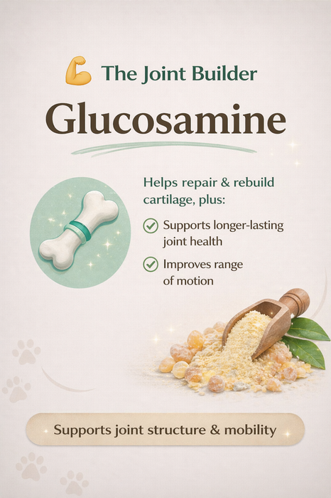 Advertisement for Glucosamine with text and a scoop of powder on a light background