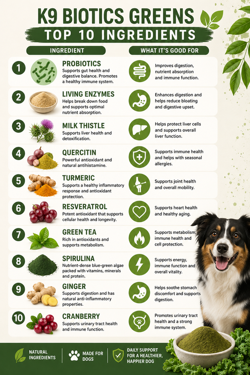 K9 Biotics Greens top 10 ingredients with a dog and bowl of greens on a white background