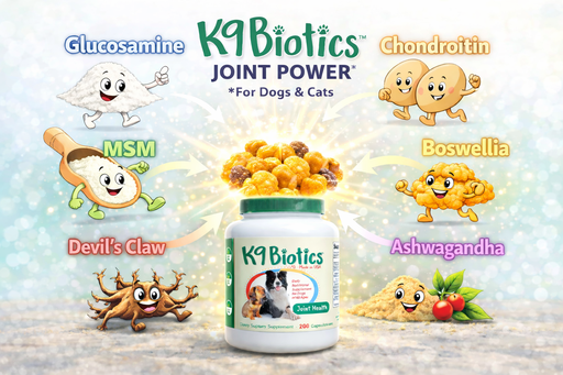 K9 Biotics Joint Power supplement for dogs and cats with cartoon illustrations of ingredients on a light background.