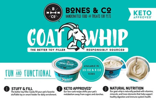 Bones & Co Goat Whip tubs and creamy texture, highlighting enrichment toy filling, keto-friendly nutrition, and 3.5 oz and 8 oz sizes.