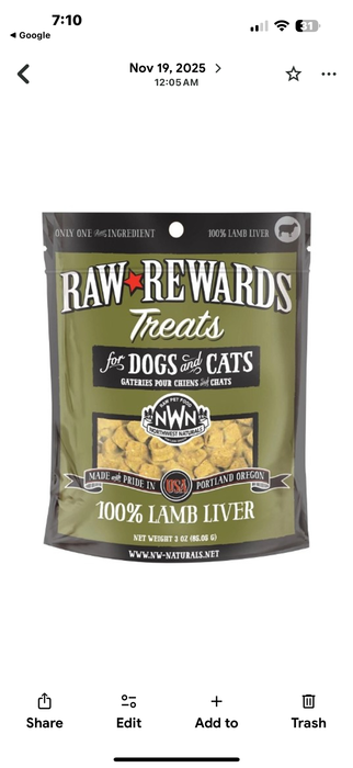 NORTHWEST NATURALS  FD TREAT RAW REWARDS LIVER LAMB 3 OZ