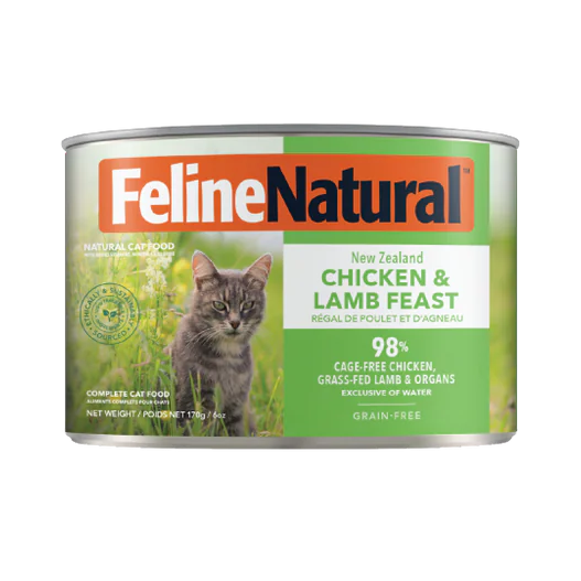 Feline Natural cat food can with chicken and lamb flavor on a white background