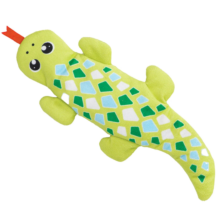 Catit green gecko-shaped cat toy with blue, white, and dark green spots, large eyes, and a red tongue.