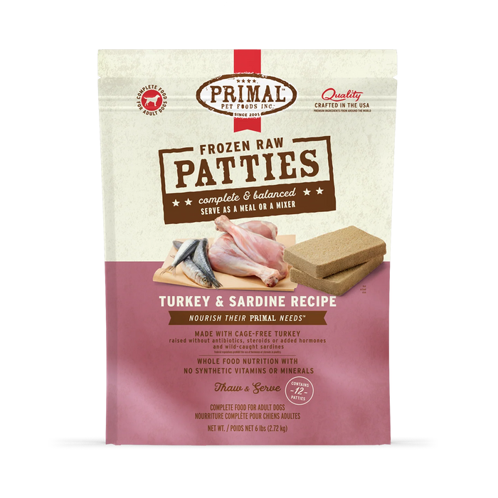 Primal Frozen Raw Turkey & Sardine Patties for dogs, front of the 6 lb bag. ⠋