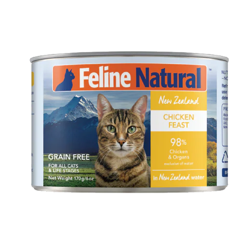 Canned cat food with Feline Natural branding on a white background