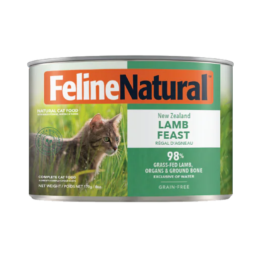 Feline Natural New Zealand Lamb Feast cat food can on a white background