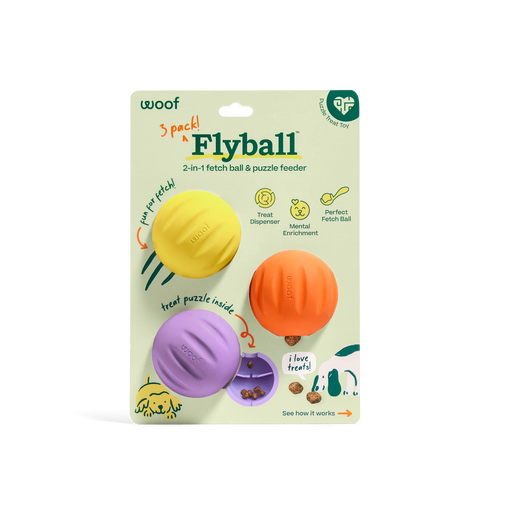 WOOF Forager Flyball 3-pack dog toys in yellow, orange, and purple, shown in retail packaging.