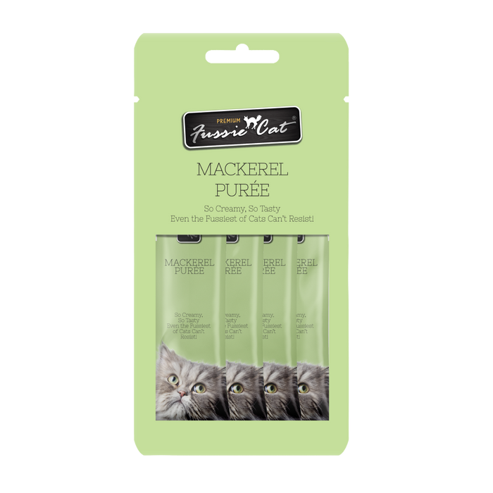Fussie Cat Mackerel Puree cat treats, light green package containing four lickable treat tubes.