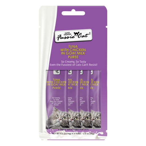 A package of Outer Fuzzy's Puree Cat Tuna with Chicken in Goat Milk cat puree, containing four tubes visible through a purple and white blister pack with a cat photo at the bottom.
