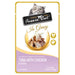 A pouch of Fussie Cat Premium Pouch In Gravy cat food, featuring a gray tabby cat illustration at the top, a bowl of tuna and chicken in gravy, and a lavender and gold design on a white background.