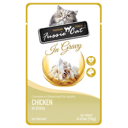 A pouch of Fussie Cat Premium Pouch In Gravy chicken cat food, featuring a white and gold design with a picture of a grey tabby cat at the top and a bowl of shredded chicken in gravy at the bottom.