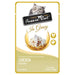 A pouch of Fussie Cat Premium Pouch In Gravy chicken cat food, featuring a white and gold design with a picture of a grey tabby cat at the top and a bowl of shredded chicken in gravy at the bottom.