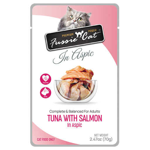 A pouch of Fussie Cat Premium Pouch In Aspic Tuna with Salmon cat food, featuring a gray cat illustration at the top, pink and white packaging, and a bowl of salmon and tuna pieces on the front.