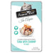 Fussie Cat tuna with shrimp in aspic cat food pouch packaging.