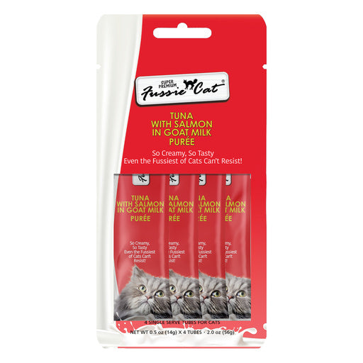 Fussie Cat Tuna with Salmon in Goat Milk Puree cat treat pouch, featuring four individual tubes visible through a clear window on a red and white package.