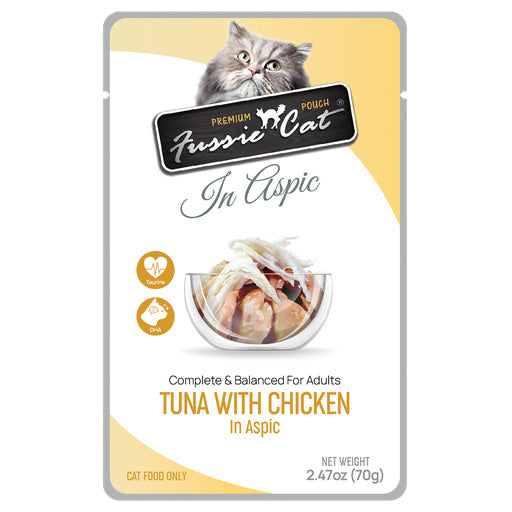 A pouch of Furssie Cat Premium Pouch In Aspic Tuna with Chicken wet cat food, featuring a gray cat illustration at the top and a bowl of the prepared food pictured on the front.
