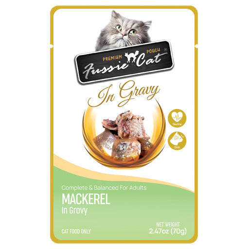 Fussie Cat Premium Pouch Mackerel In Gravy cat food pouch, 2.47 oz (70g), featuring a white and light green package with a golden border, a photo of mackerel pieces in gravy, and a gray cat illustration at the top.