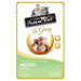 Fussie Cat Premium Pouch Mackerel In Gravy cat food pouch, 2.47 oz (70g), featuring a white and light green package with a golden border, a photo of mackerel pieces in gravy, and a gray cat illustration at the top.