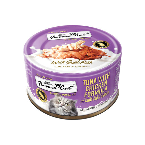 T Pussy Cat tuna with chicken formula cat food can on a white background