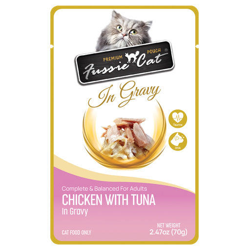 Fussie Cat chicken with tuna in gravy cat food pouch on a white background