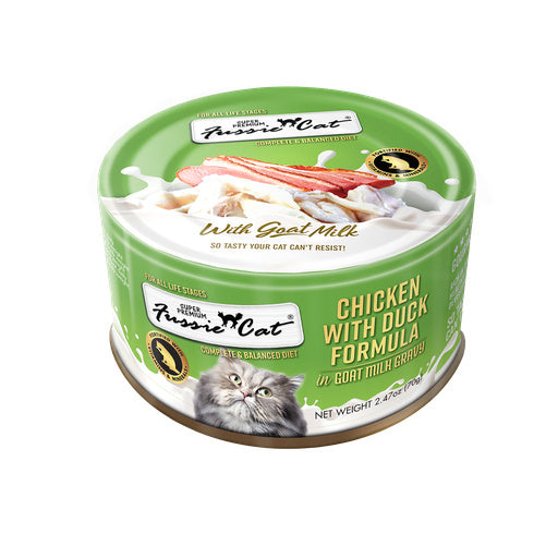 A can of PurryCat Chicken with Duck Formula cat food, featuring a green lid with illustrations of a cat and goat milk, on a plain white background.