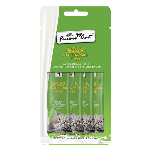 A package of PurritoCat Chicken with Duck in Goat Milk Puree cat treats, featuring a green and white bag with four individual green tubes visible inside.