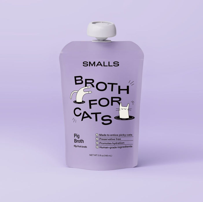Front of purple Smalls Pig Broth for Cats 5 oz pouch with white cap.