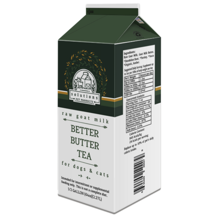 A 1/2 gallon carton of Solutions for Pets Goatnog raw goat milk dog food, shown on a clean white background. The packaging is dark green and white with a small orange stripe and a circular logo on the front.