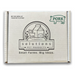 A square cardboard box for Solutions Pet Products, featuring a cream-colored background with black and green printed graphics and text, including a pig logo and a farm illustration.