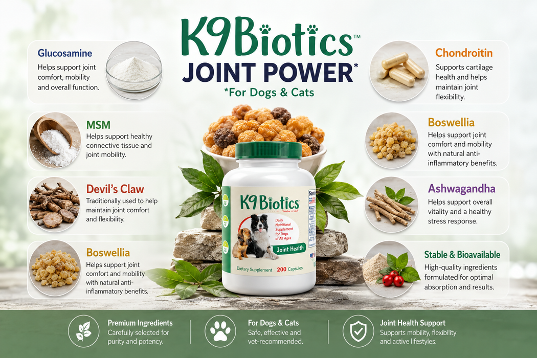 K9Biotics Joint Power supplement for dogs and cats with ingredients listed on a white background.