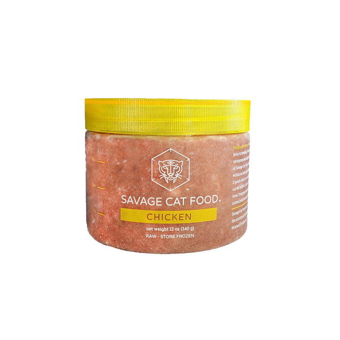 Jar of Savage Cat Food with chicken flavor on a white background