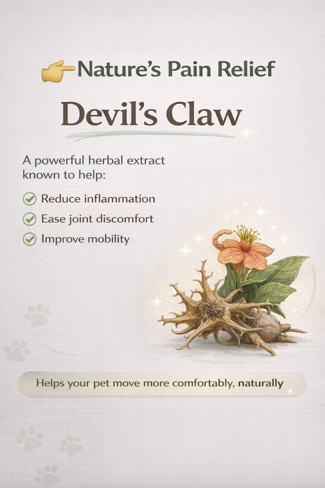 Advertisement for Devil's Claw as a natural pain relief for pets, featuring the plant and its benefits.