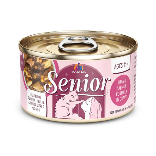 Weruva Senior tuna and salmon formula in gravy for cats ages 11 and older, pink can.
