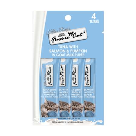 Kitten Recipe Fussie Cat Tuna with Salmon & Pumpkin in Goat Milk Purée, 4-pack in a light blue hanging package with four individual tubes visible.