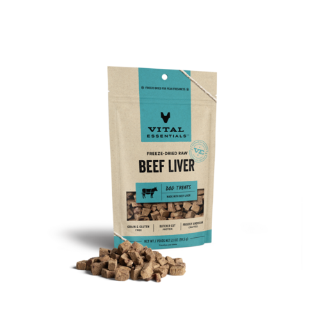 Vital Essentials freeze-dried raw Beef Liver dog treats in a blue-label pouch with liver pieces in front.