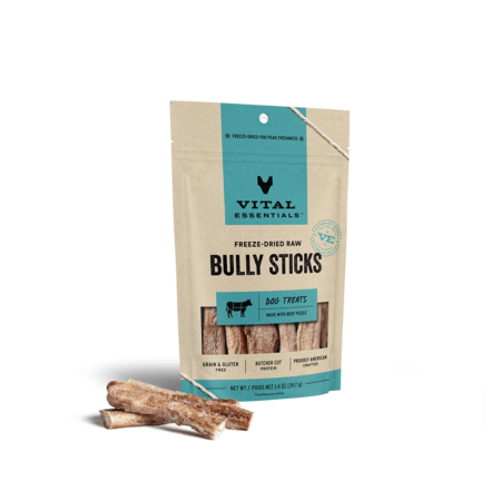 Vital Essentials freeze-dried raw Bully Sticks dog treats in a blue-label pouch with sticks displayed in front.