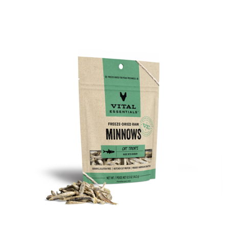 Vital Essentials freeze-dried raw Minnows cat treats in a green-label pouch with whole minnows in front.