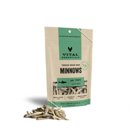 Vital Essentials freeze-dried raw Minnows dog treats in a green-label pouch with whole minnows in front.