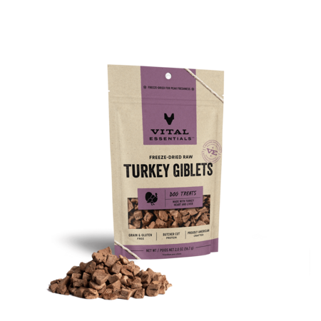 Vital Essentials freeze-dried raw Turkey Giblets dog treats in a purple-label pouch with treats in front.