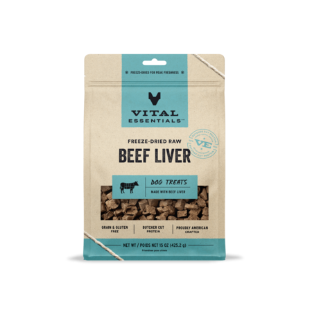 Vital Essentials freeze-dried raw Beef Liver dog treat pouch with liver pieces visible through the window.