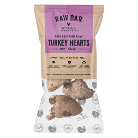 Vital Essentials Raw Bar freeze-dried raw Turkey Hearts dog treat pouch with whole hearts visible.