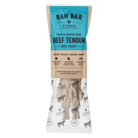 Vital Essentials Raw Bar freeze-dried raw Beef Tendon dog treat in a pouch with the tendon visible.