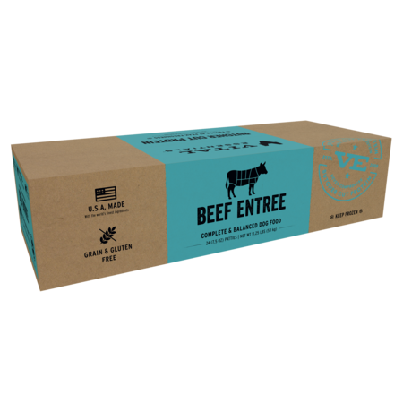 Vital Essentials Beef Entrée dog food in a long brown box with a blue label.