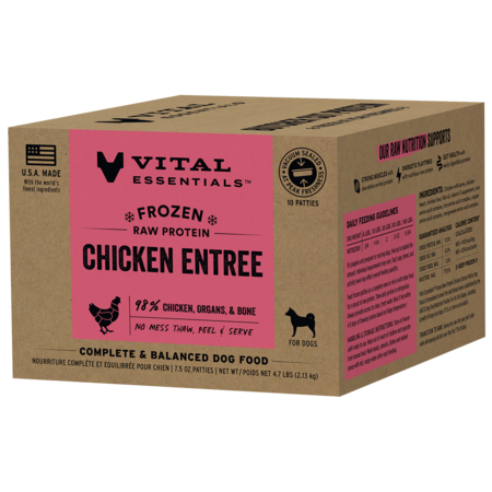 Vital Essentials frozen raw Chicken Entrée patties for dogs in a brown box with a pink label.