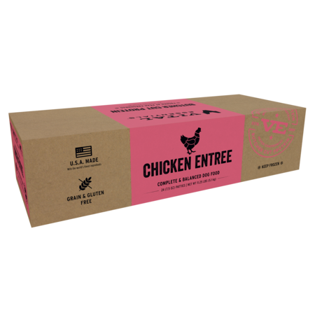 Vital Essentials Chicken Entrée dog food in a long brown box with a pink label.